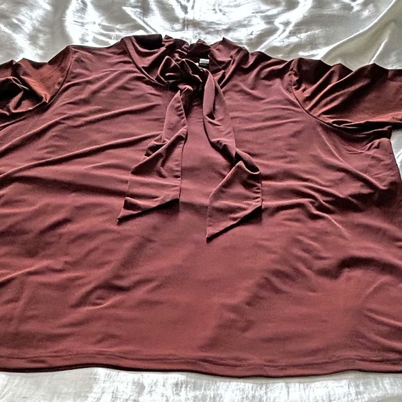 NEW PHOTOS! TIE NECK TOP, BROWN, SIZE 3X, PULL OVER, 3/4 SLEEVES, SPANDEX KNIT, - Picture 2 of 11